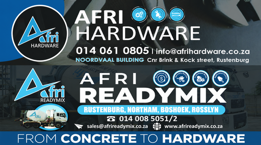 Afri Hardware / Afri Readymix — Hardware • Economical mixes • Specialty blends... Hardware: 014 061 0805 · info@afrihardware.co.za · Noordvaal Building, cnr Brink & Kock Street, Rustenburg · Readymix: 014 008 5051/2 · sales@afrireadymix.co.za