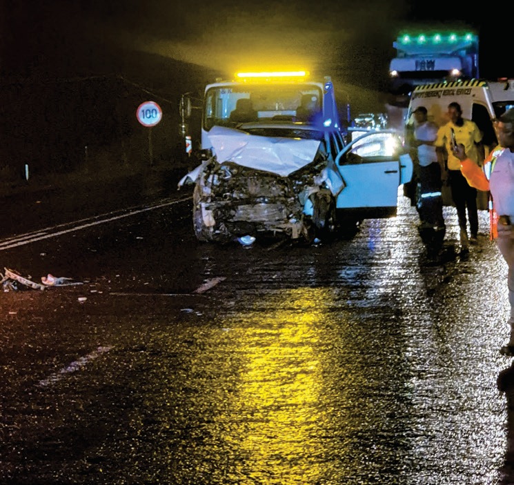 The damaged Nissan Qashqai following the R510 collision. Its five occupants — three adults and two children — were transported to hospital.