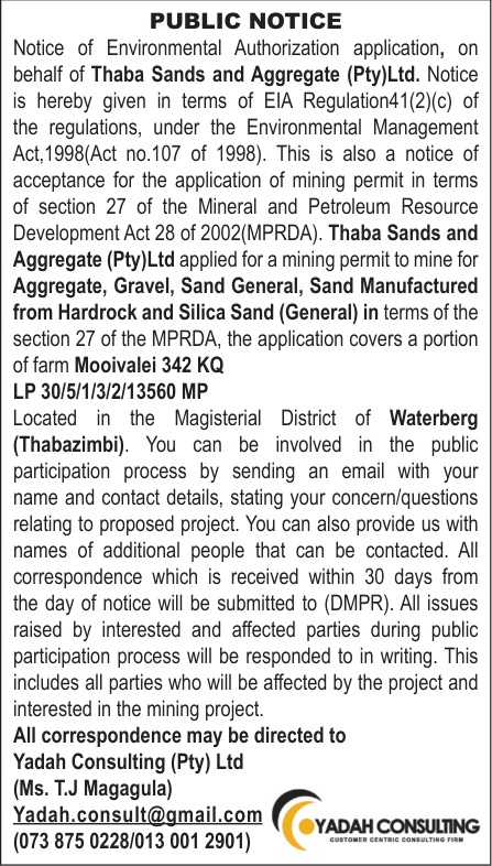 PUBLIC NOTICE — Thaba Sands and Aggregate (Pty) Ltd