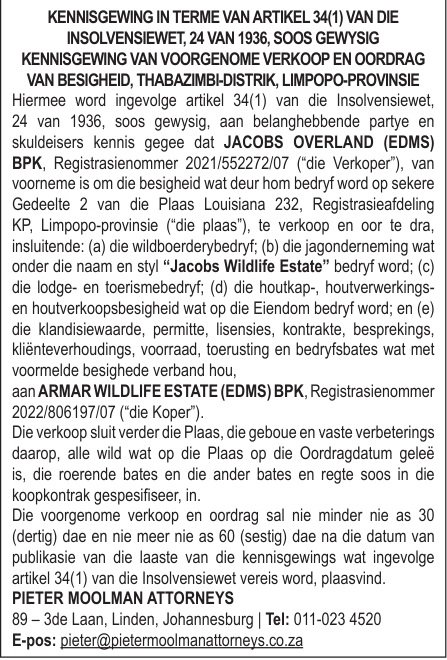 KENNISGEWING VAN VOORGENOME VERKOOP EN OORDRAG VAN BESIGHEID — Jacobs Wildlife Estate