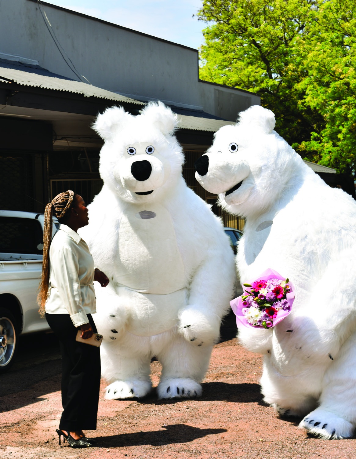 One of the Boom Boom Bears danced for a surprised Onkarabetse Mokoena, while her fiancé, Jeffrey Rannyadi, joined her with a large bouquet of flowers.