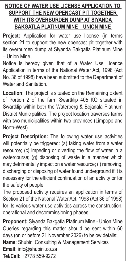 Notice of Water Use License Application — Siyanda Bakgatla Platinum Mine, Union Mine